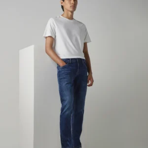 dark blue 5 pocket low rise tapered ankle length stretch jeans
