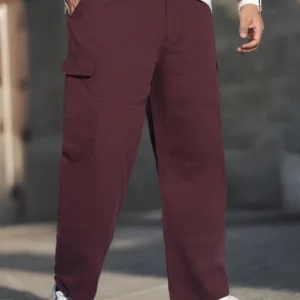 maroon textured waffle weave straight fit cargo pants with flap pockets