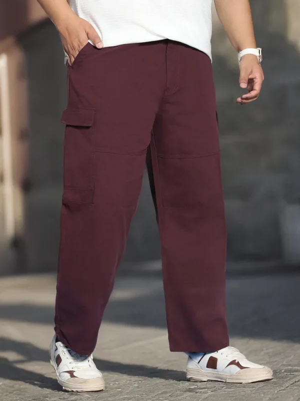 maroon textured waffle weave straight fit cargo pants with flap pockets