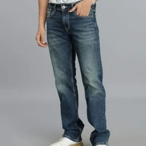 dark blue 5 pocket mid rise loose boot leg stretch jeans