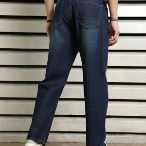 dark blue 5 pocket mid rise slim straight fit stretch jeans