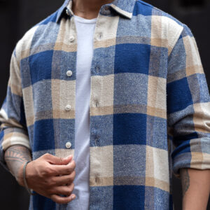 Home blue and off white checked regular fit full sleeves shirt