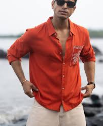 spicy orange linen blend embroidery shirt