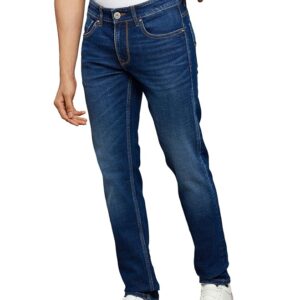 dark blue 5 pocket mid rise slim straight fit knit stretch jeans