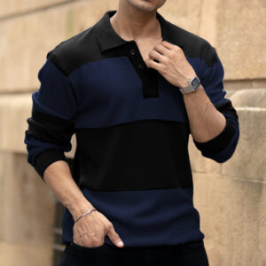 blue structured knit striped t shirt