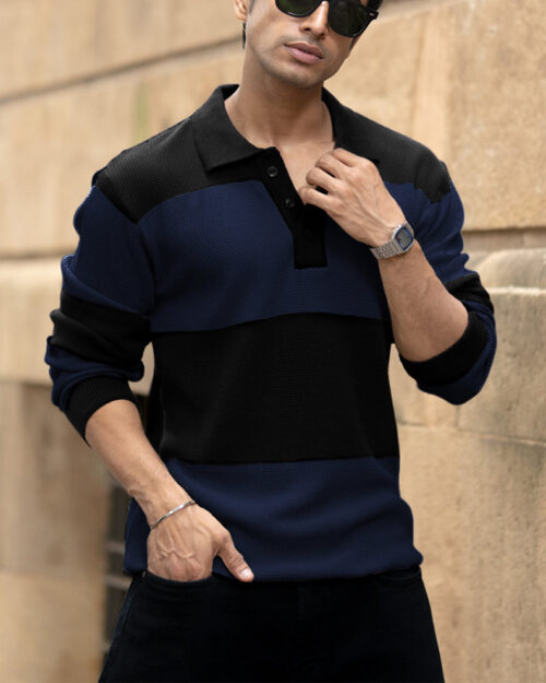 blue structured knit striped t shirt