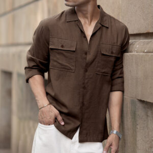 brown linen double pocket shirt