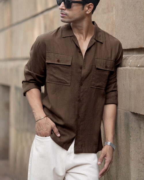 brown linen double pocket shirt