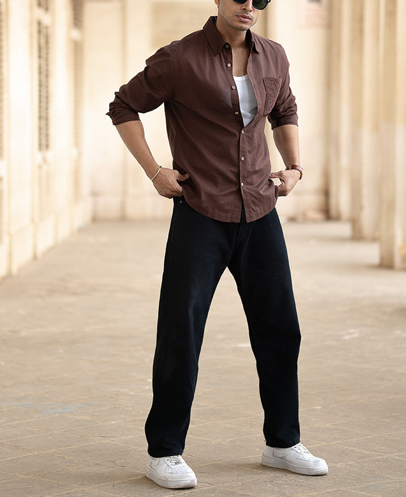 brown full sleeves regular fit linen shirt brown full sleeves regular fit linen shirt
