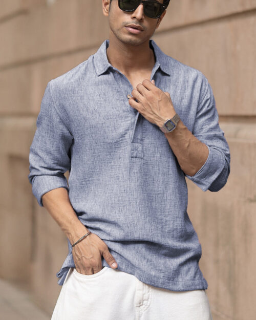 blue slub kurta shirt