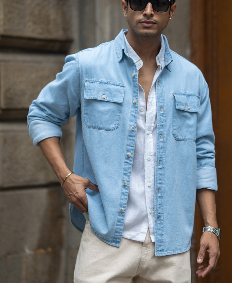 blue washed denim double pocket shirt blue washed denim double pocket shirt