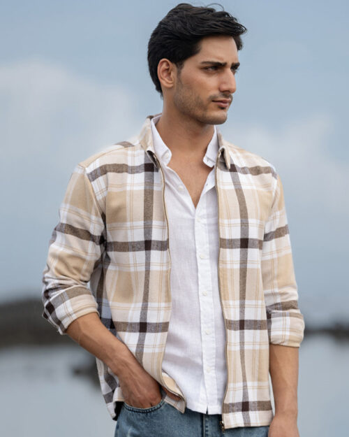 beige checks zipper overshirt