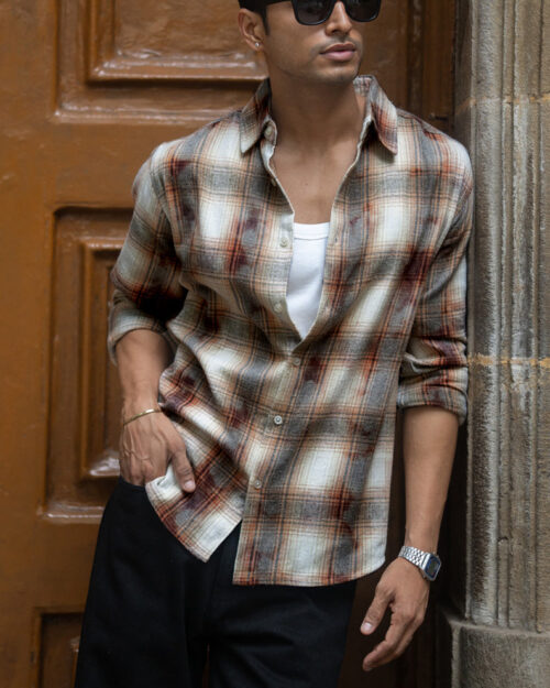 Home beige washed checks shirt