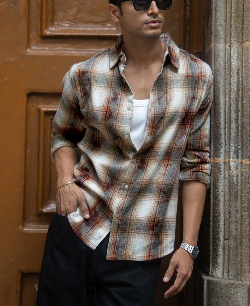 beige washed checks shirt beige washed checks shirt