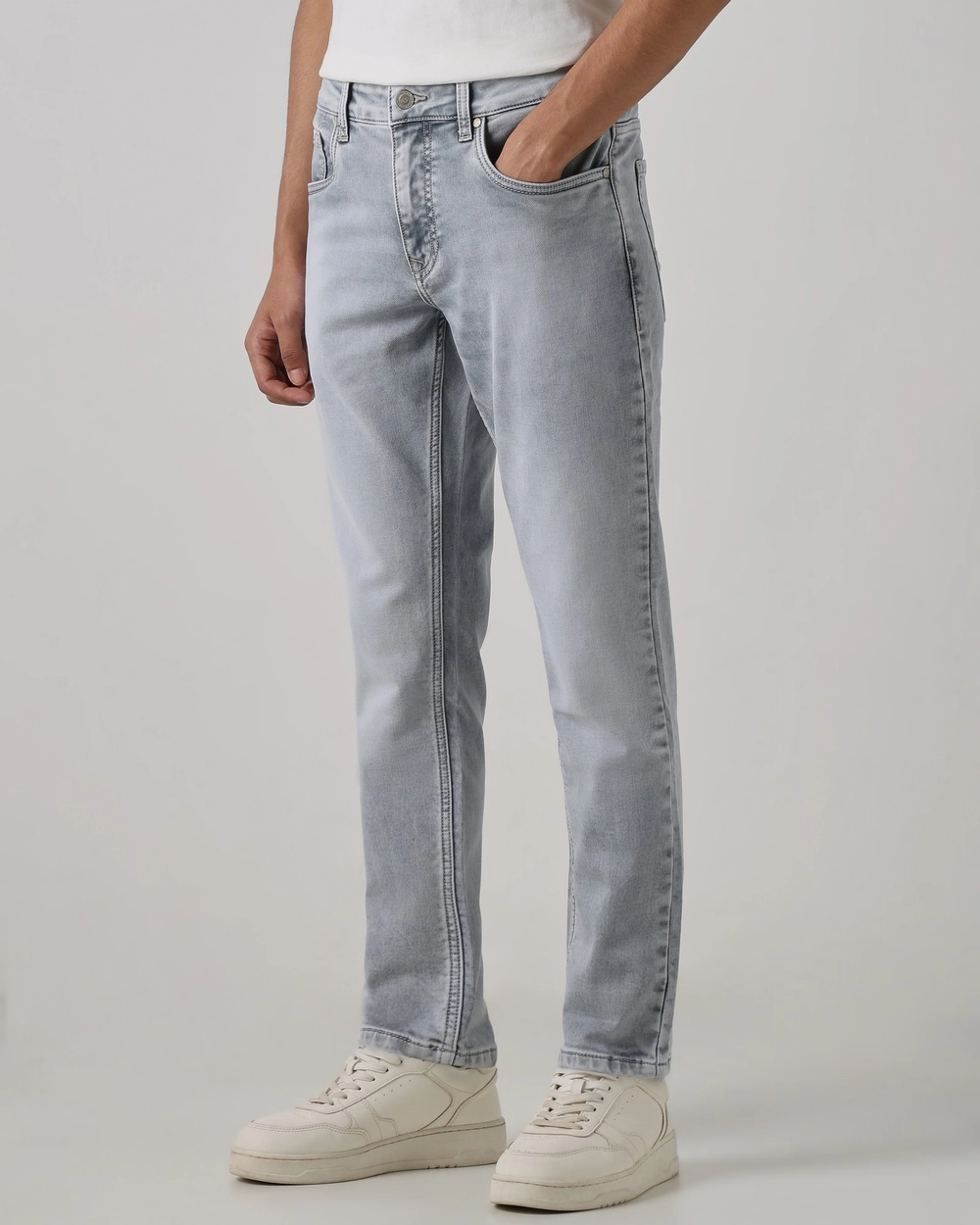 grey 5 pocket midrise, comfort and straight crop length stretch jeans grey 5 pocket midrise, comfort and straight crop length stretch jeans