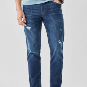 dark blue 5 pocket low rise tapered ankle length knit denim jeans