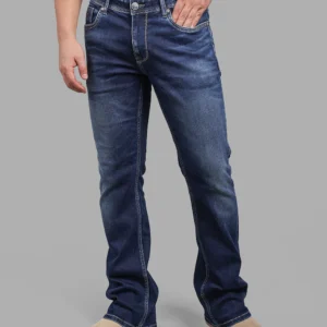 dark blue 5 pocket mid rise loose boot leg stretch jeans