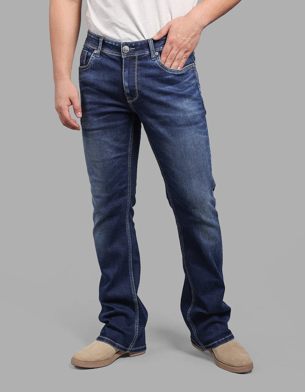 dark blue 5 pocket mid rise loose boot leg stretch jeans dark blue 5 pocket mid rise loose boot leg stretch jeans