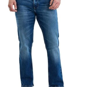 dark blue 5 pocket mid rise slim straight fit knit jeans