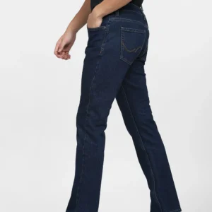 dark blue 5 pocket mid rise slim straight fit knit jeans