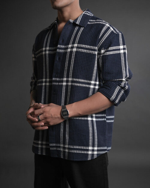 blue and white structured checks oversized shirt