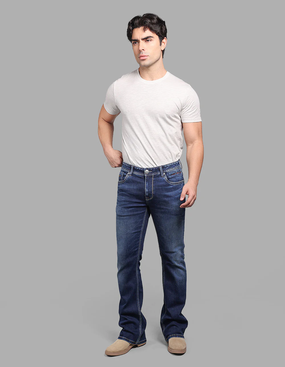 dark blue 5 pocket mid rise loose boot leg stretch jeans dark blue 5 pocket mid rise loose boot leg stretch jeans
