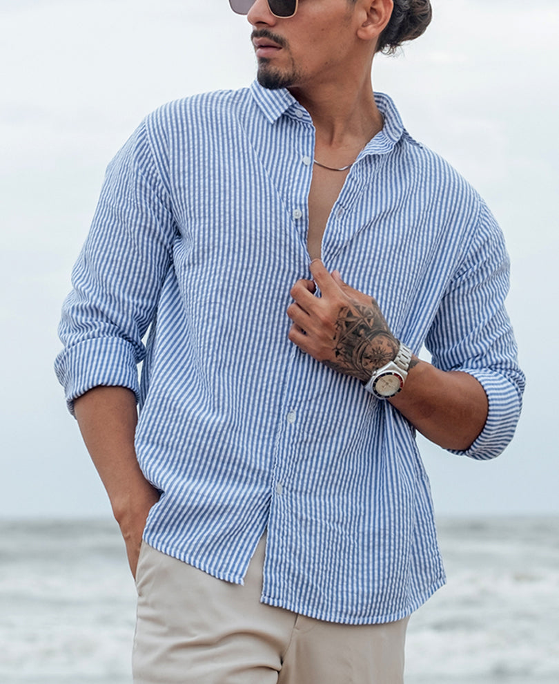 blue and white regular fit striped full sleeves shirt blue and white regular fit striped full sleeves shirt