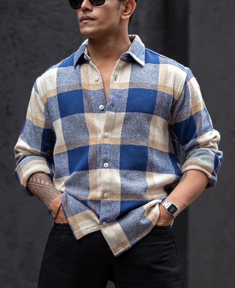 blue and off white checked regular fit full sleeves shirt blue and off white checked regular fit full sleeves shirt