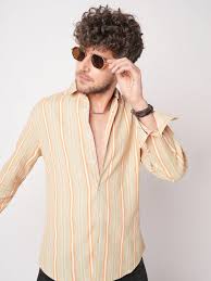 sand beige & orange striped waffle shirt