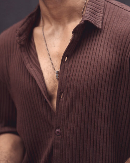 brown rib knit oversize drop shoulder shirt