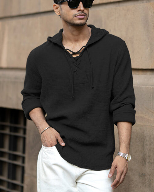 black crinkled hooded shirt