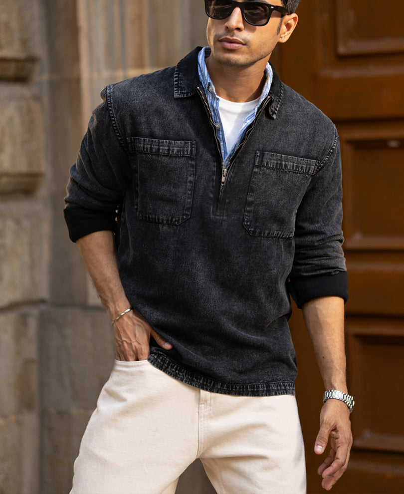 black washed denim polo shirt black washed denim polo shirt