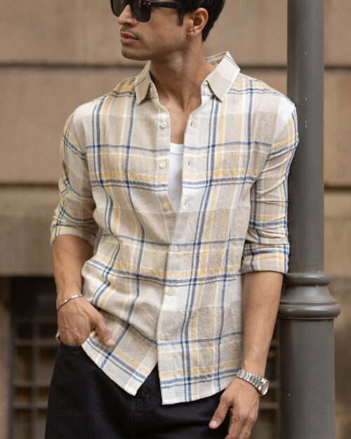 Home beige lightweight structure checks shirt