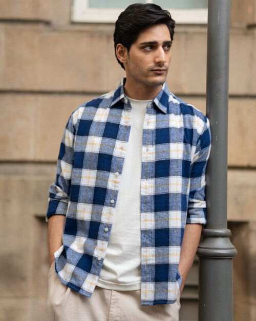 blue brushed regular fit checks shirt