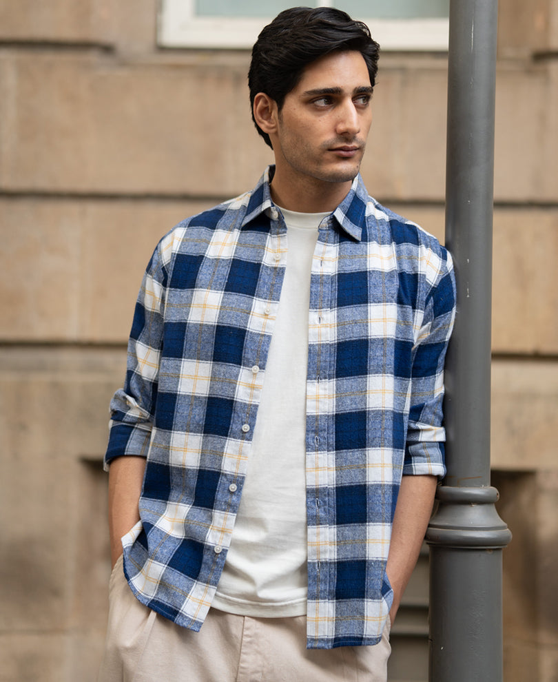 blue brushed regular fit checks shirt blue brushed regular fit checks shirt