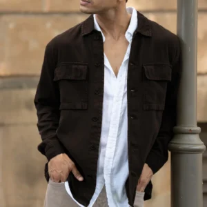 dark brown double pockets denim overshirt