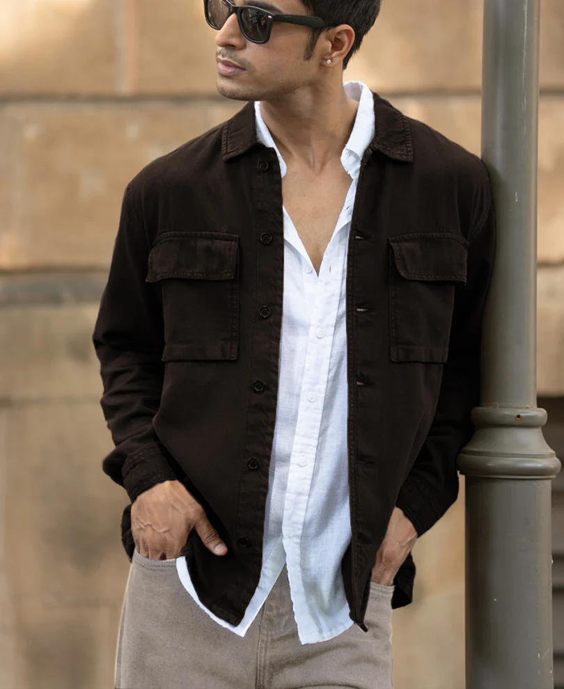 dark brown double pockets denim overshirt dark brown double pockets denim overshirt