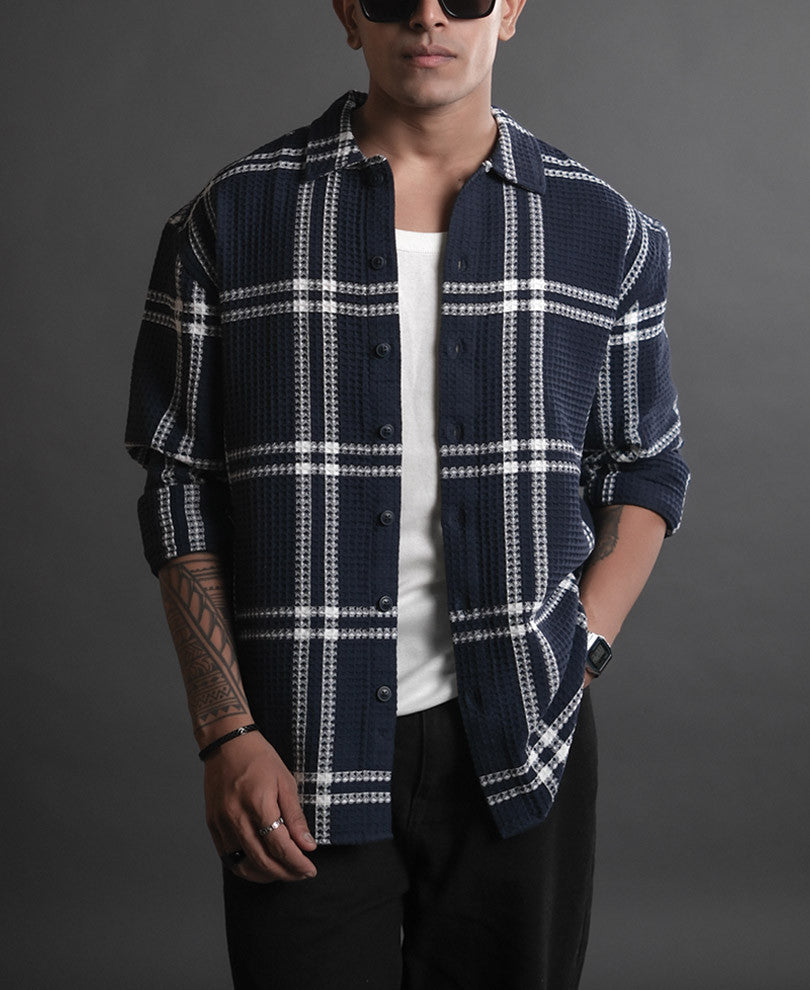 blue and white structured checks oversized shirt blue and white structured checks oversized shirt