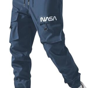 navy blue cotton relaxed fit cargo pants with elastic waist and utility pockets