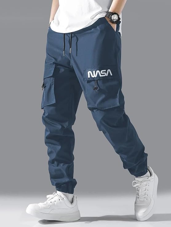 navy blue cotton relaxed fit cargo pants with elastic waist and utility pockets navy blue cotton relaxed fit cargo pants with elastic waist and utility pockets