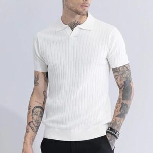 men’s white ribbed polo t shirt | premium slim fit casual wear