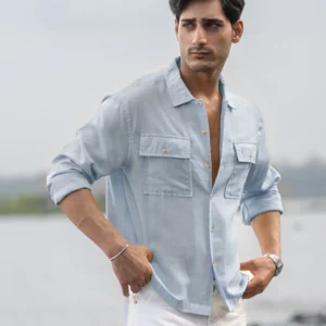 light blue linen double pocket shirt