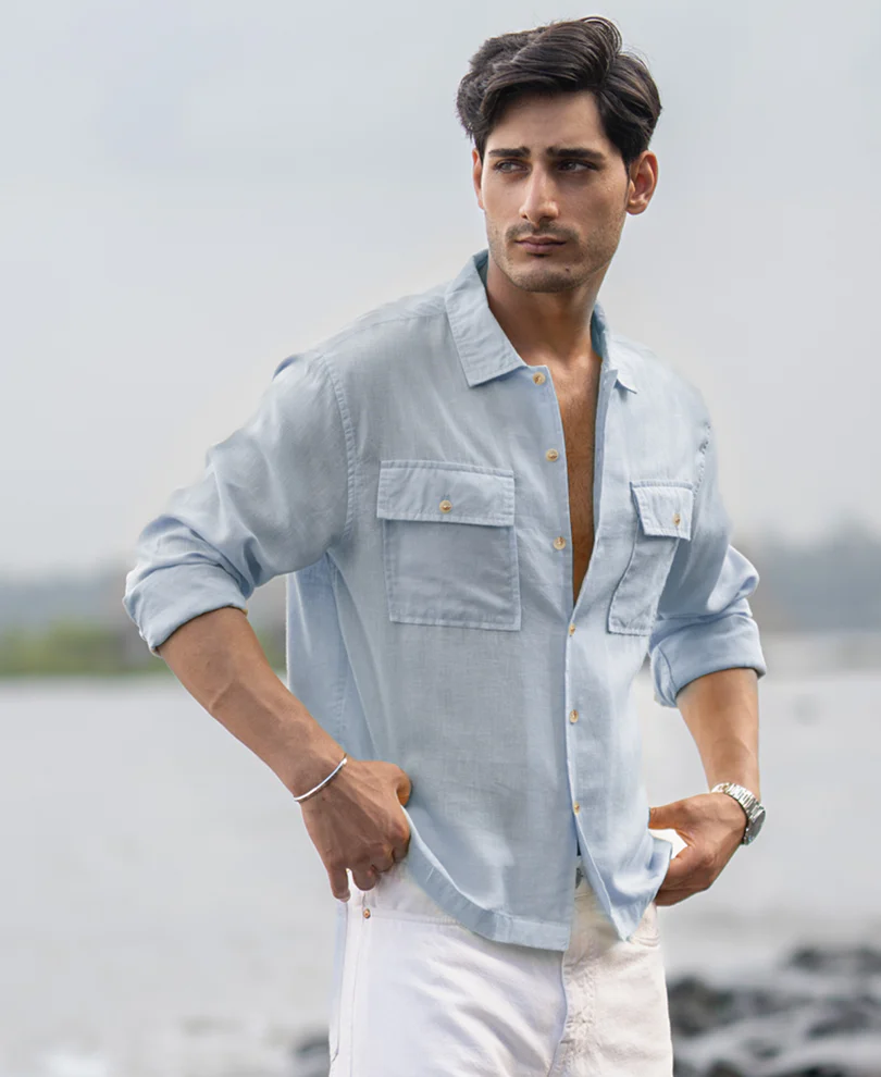 light blue linen double pocket shirt light blue linen double pocket shirt