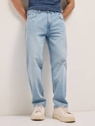 light blue mid rise straight fit cargo jeans with utility pockets