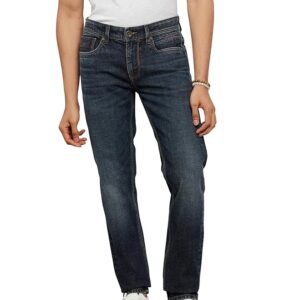 dark blue 5 pocket low rise tapered ankle length stretch jeans