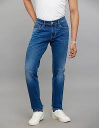 light blue 5 pocket mid rise slim straight fit stretch jeans