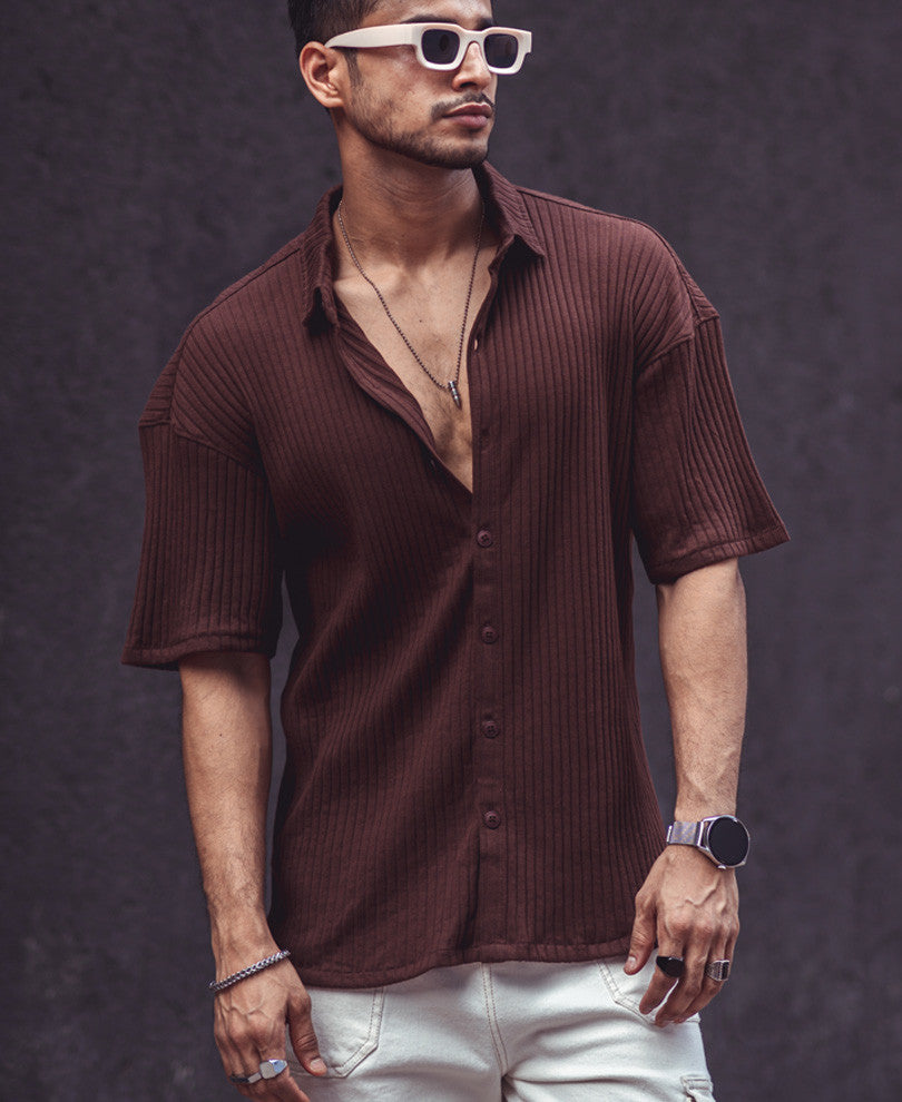 brown rib knit oversize drop shoulder shirt brown rib knit oversize drop shoulder shirt
