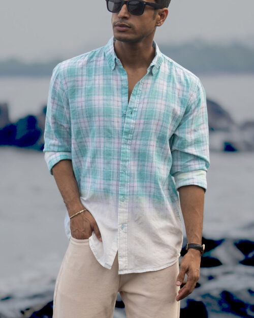 Home aqua blue light weight ombre checks shirt