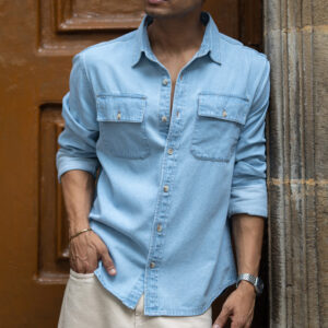blue washed denim double pocket shirt