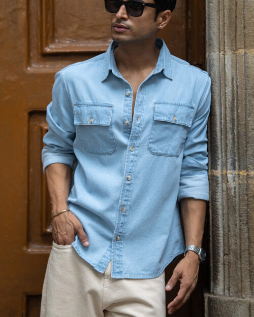 blue washed denim double pocket shirt